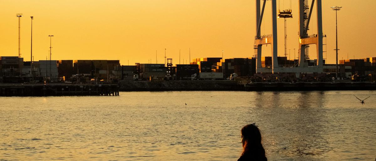 A person fishing from the Fremantle waterfront at sunset, a harbour crane behind them.