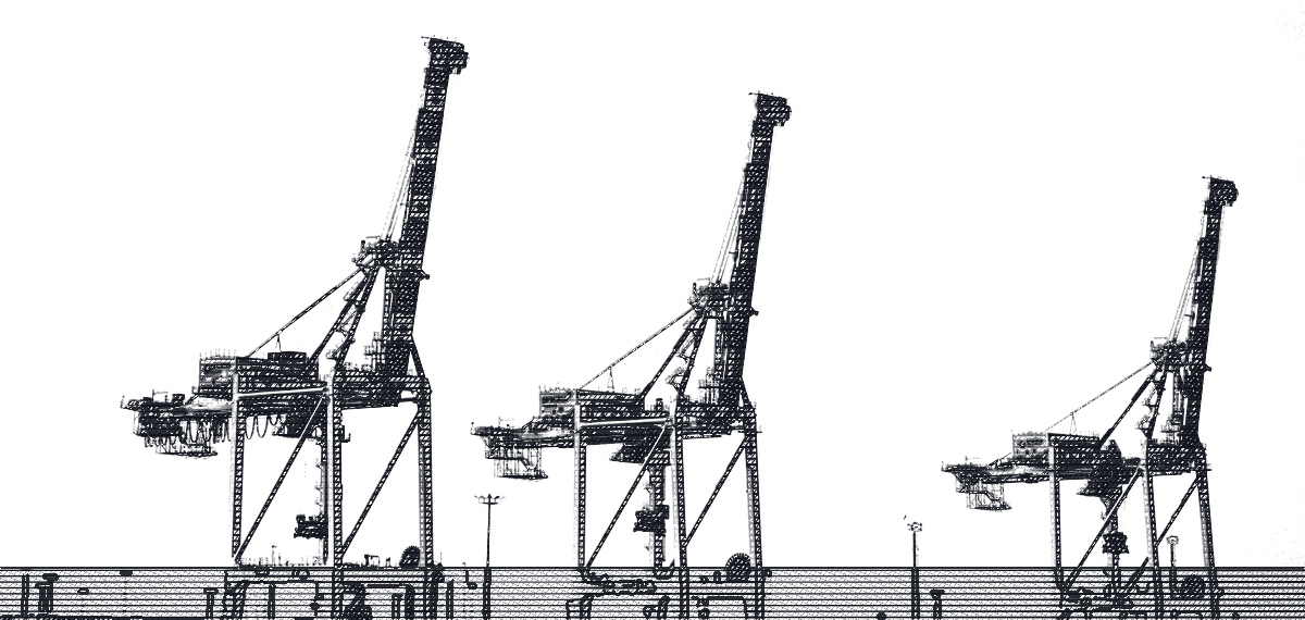 An engraved plate of three container cranes on the Fremantle wharf at sunset.